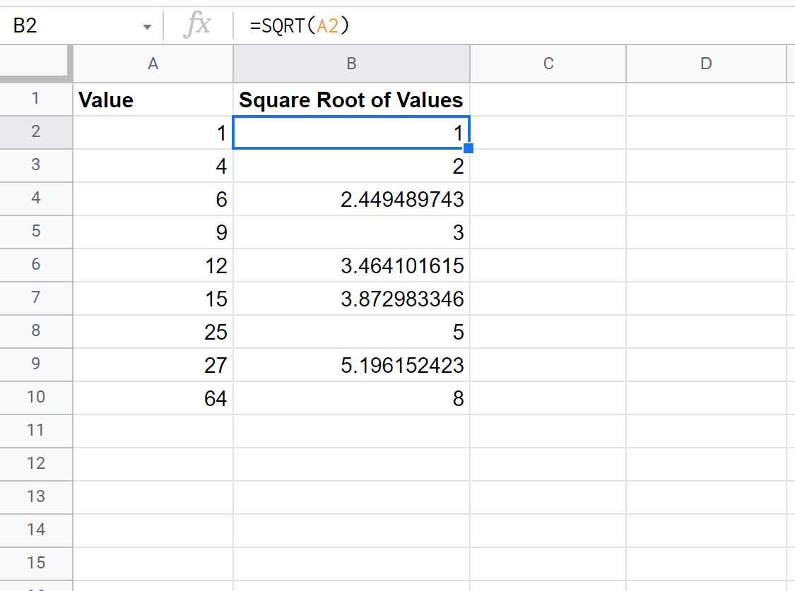 Как вычислить квадратный корень и кубический корень в Google Sheets