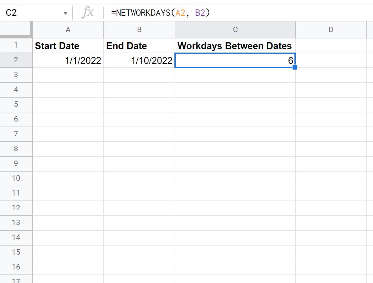 Таблицы Google: подсчитайте количество рабочих дней между датами